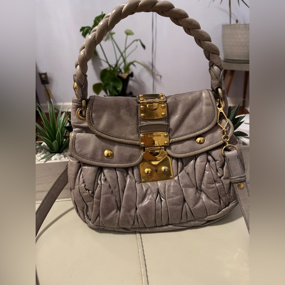 Miu Miu Gray Leather Handbag with Gold Accents - Picture 9 of 14